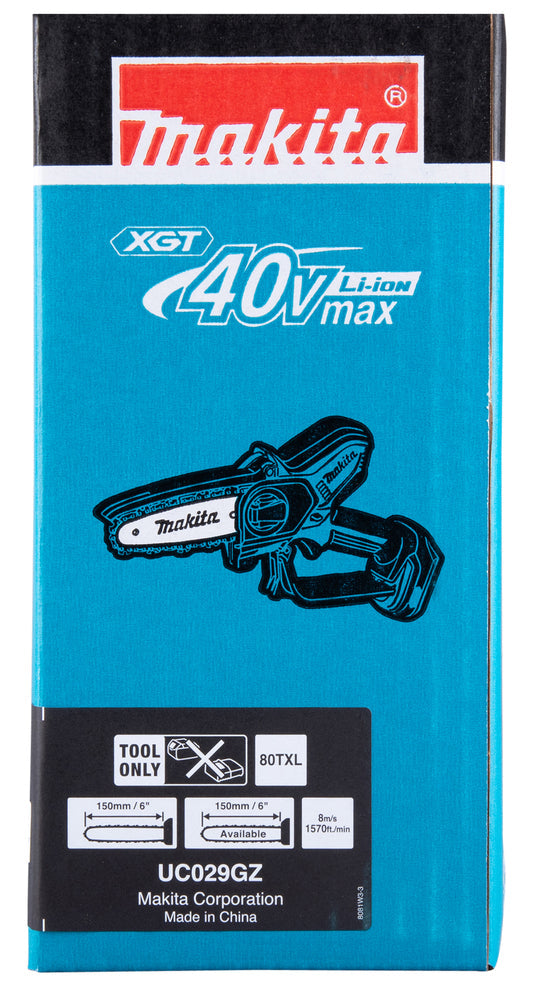 Makita UC029GZ 40V XGT Cordless Brushless Chainsaw β 6" Bar, Bare Unit