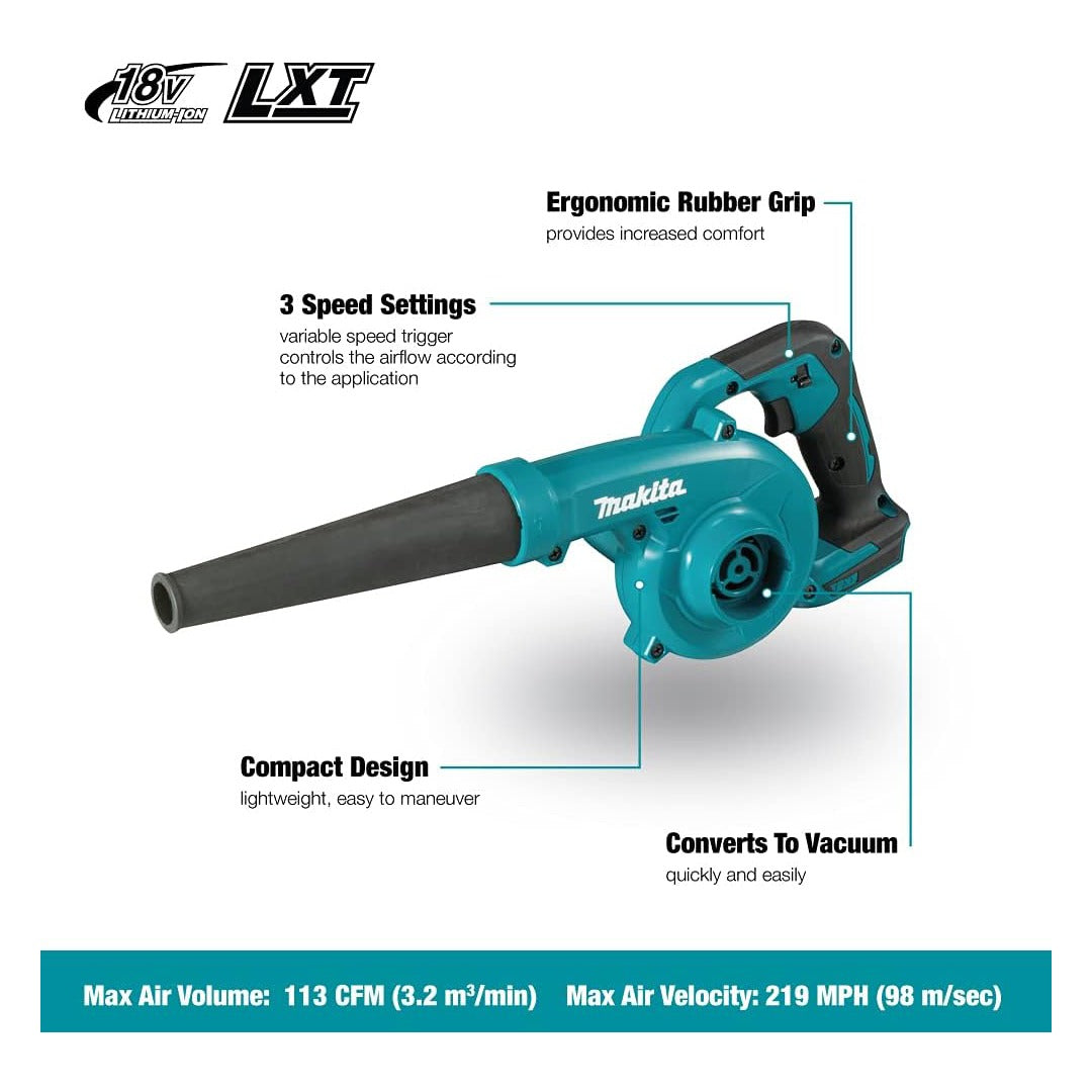 Makita DUB185Z 18V LXT Cordless Blower with Dust Bag + 2x BL1850B 5.0Ah Batteries – Powerful Compact Leaf & Workshop Blower