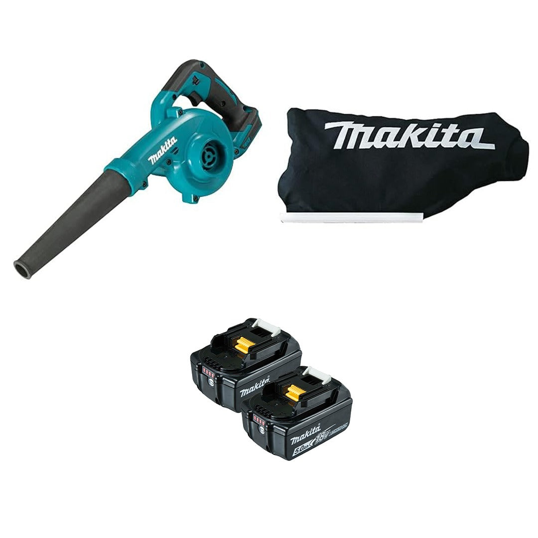 Makita DUB185Z 18V LXT Cordless Blower with Dust Bag + 2x BL1850B 5.0Ah Batteries – Powerful Compact Leaf & Workshop Blower